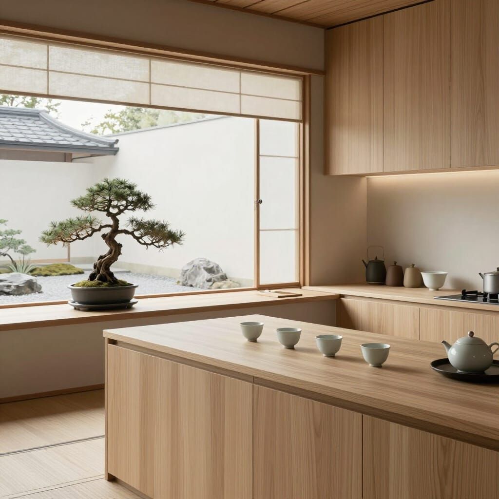 Minimalist Japanese Kitchen Tea Room with Zen Garden View
