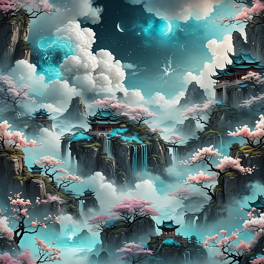 Fairyland Scene with Drifting Smoke and Galactic Sky