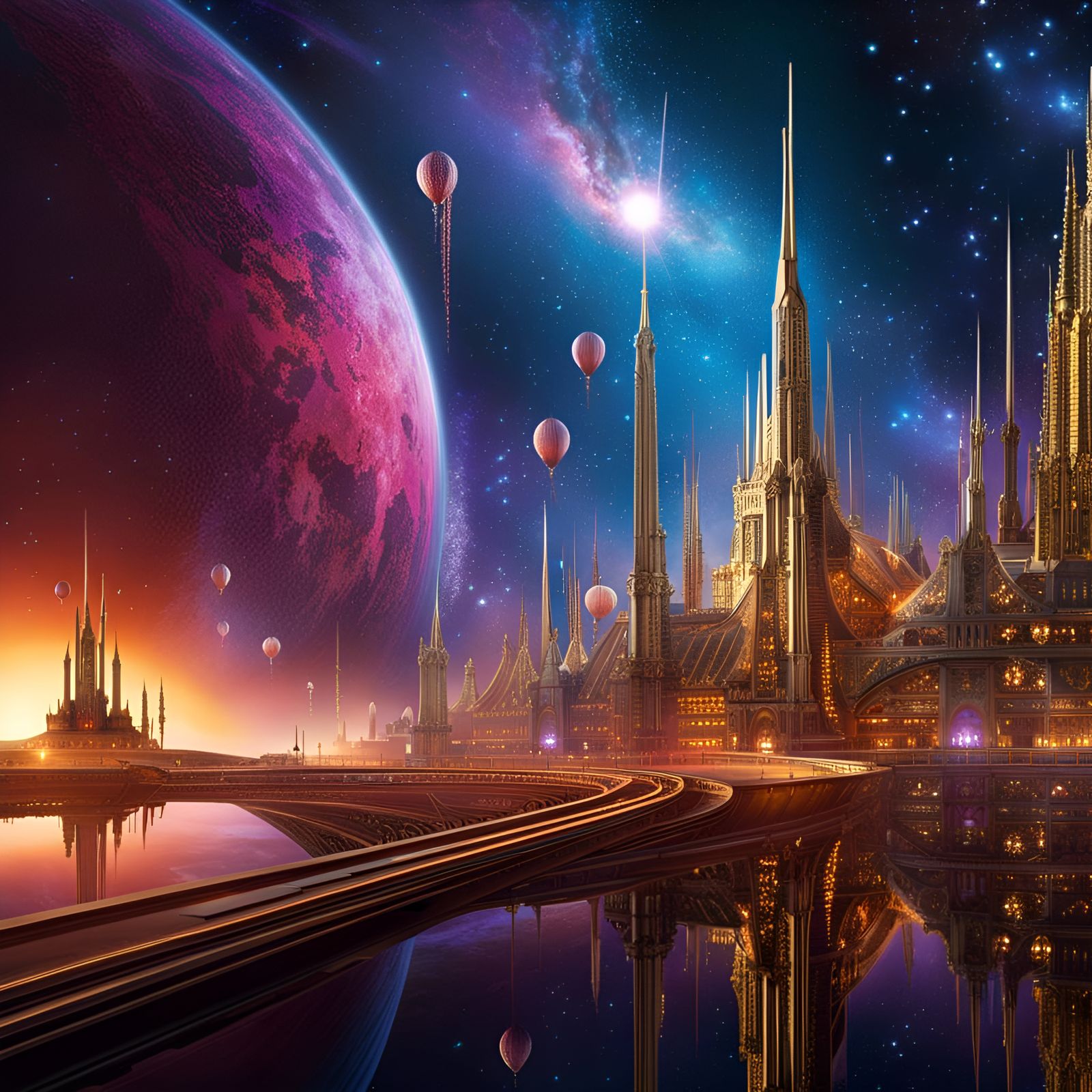 Futuristic Satellite City Amidst Planets and Nebulae
