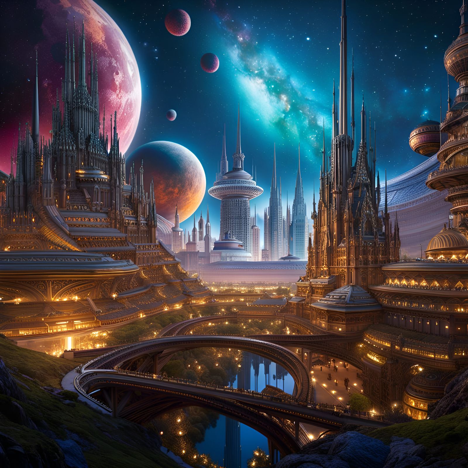 Futuristic City Among Planets and Nebulae