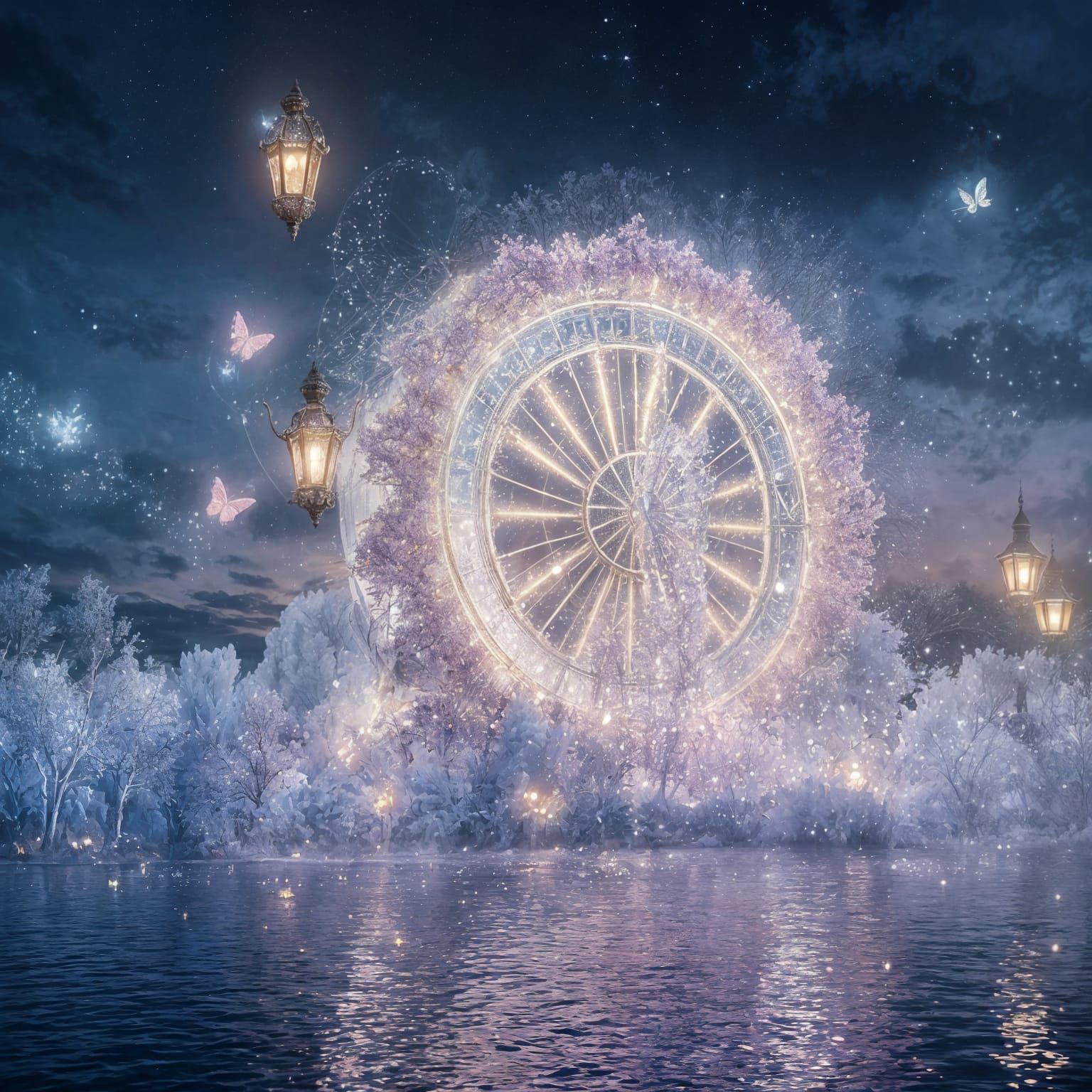 Ethereal Crystal Waterwheel in Dreamlike Twilight
