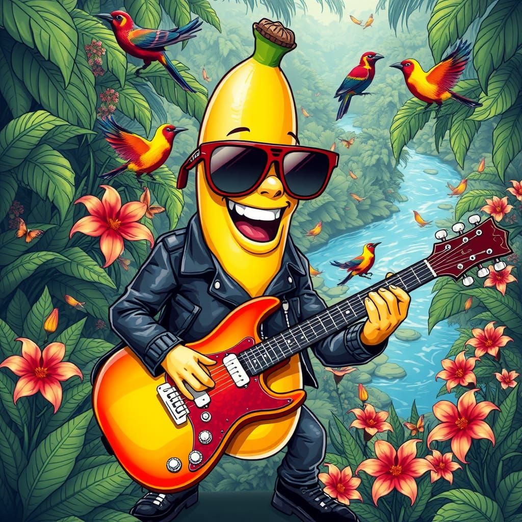 Banana Rock Star in Jungle, Playful Digital Art