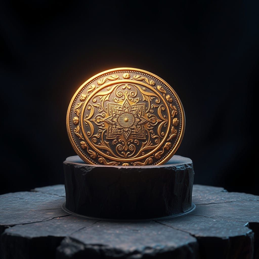 Exquisite Coin on Ornate Pedestal Amidst Mysterious Black Ba...