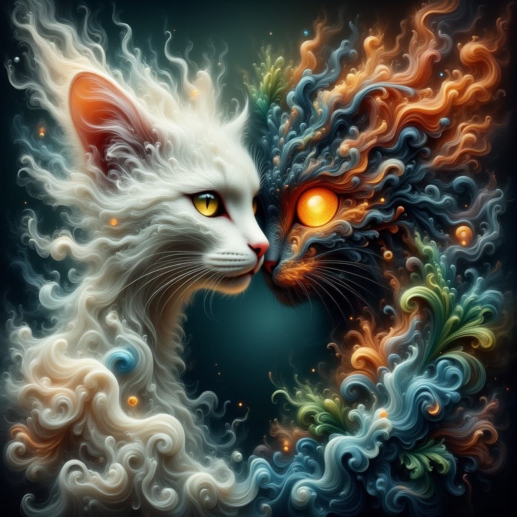 „Feuer und Eis: Zwei Katzen vereint in einem magischen Tanz der Elemente“