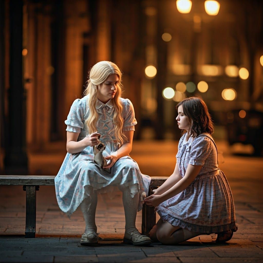 Teen Boy in Pastel Lolita Dress Sits on Worn Bench, Surround...
