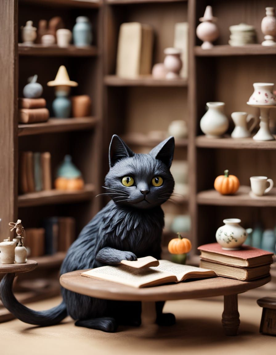 Whimsical Claymation Cat in a Spellbook Lair