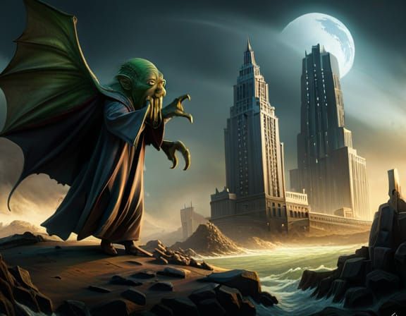 Epic Battle: Cthulhu Versus Yoda in Gothic Art