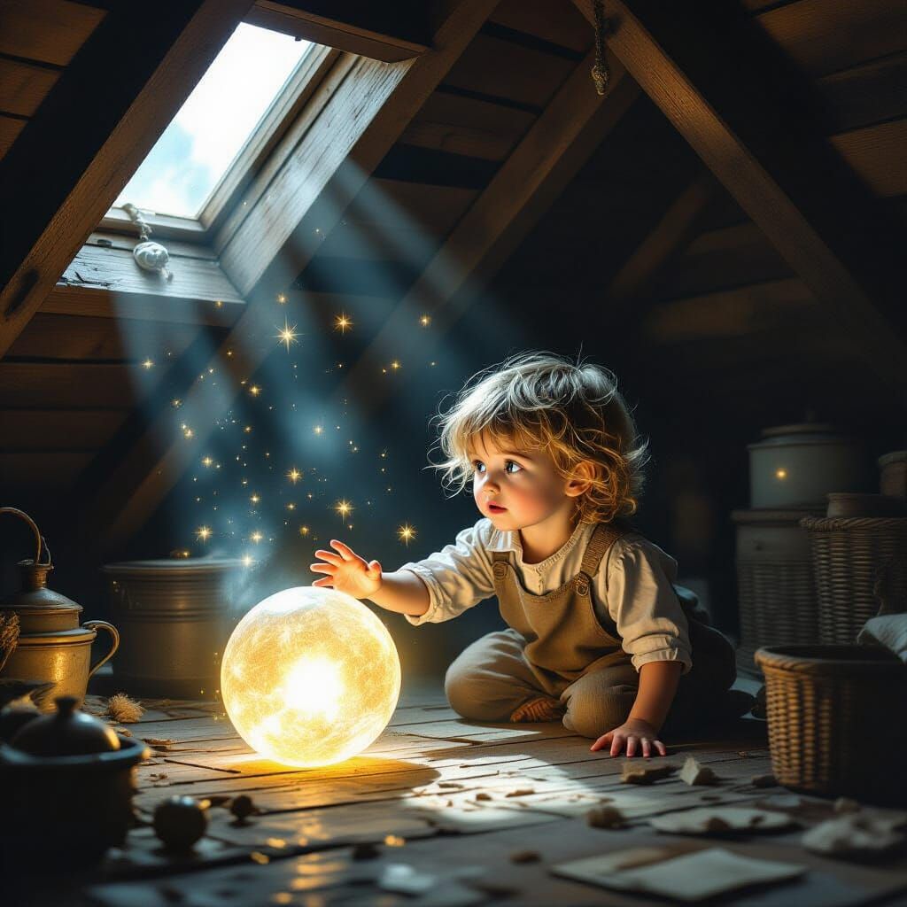 Child Reaches for Glowing Orb in Dusty Attic
