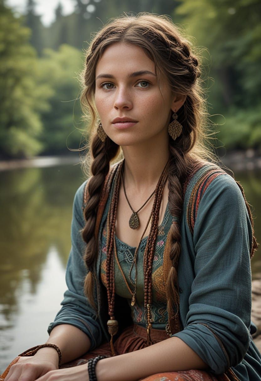 Free-Spirited Woman in Lush Forest Landscape