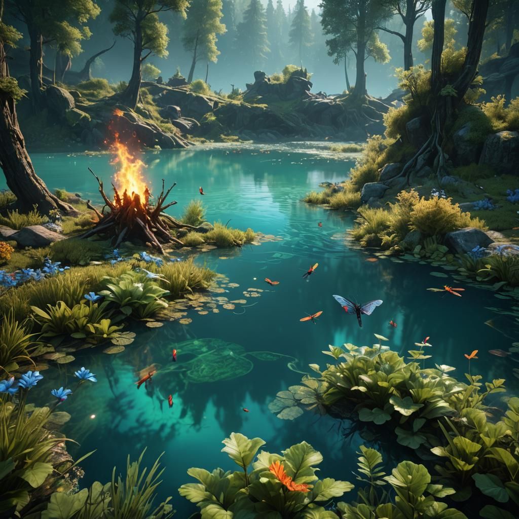 Blue-Green Lake with Radiant Fireflies in Fantasy Art