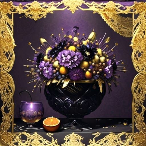 Surreal Still Life of Abundance with Damask Drapery