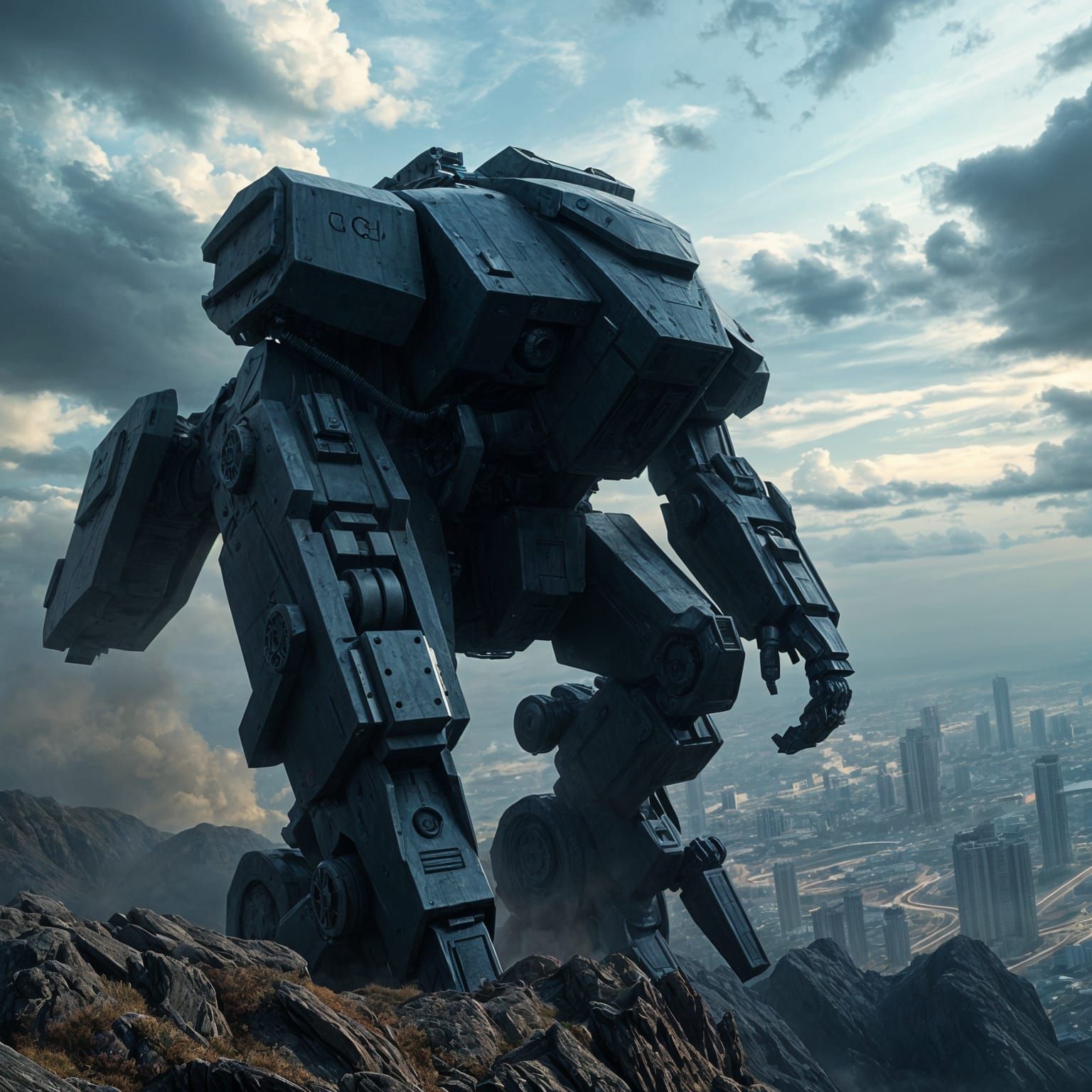 Majestic Camo Mech Dominates Futuristic Cityscape