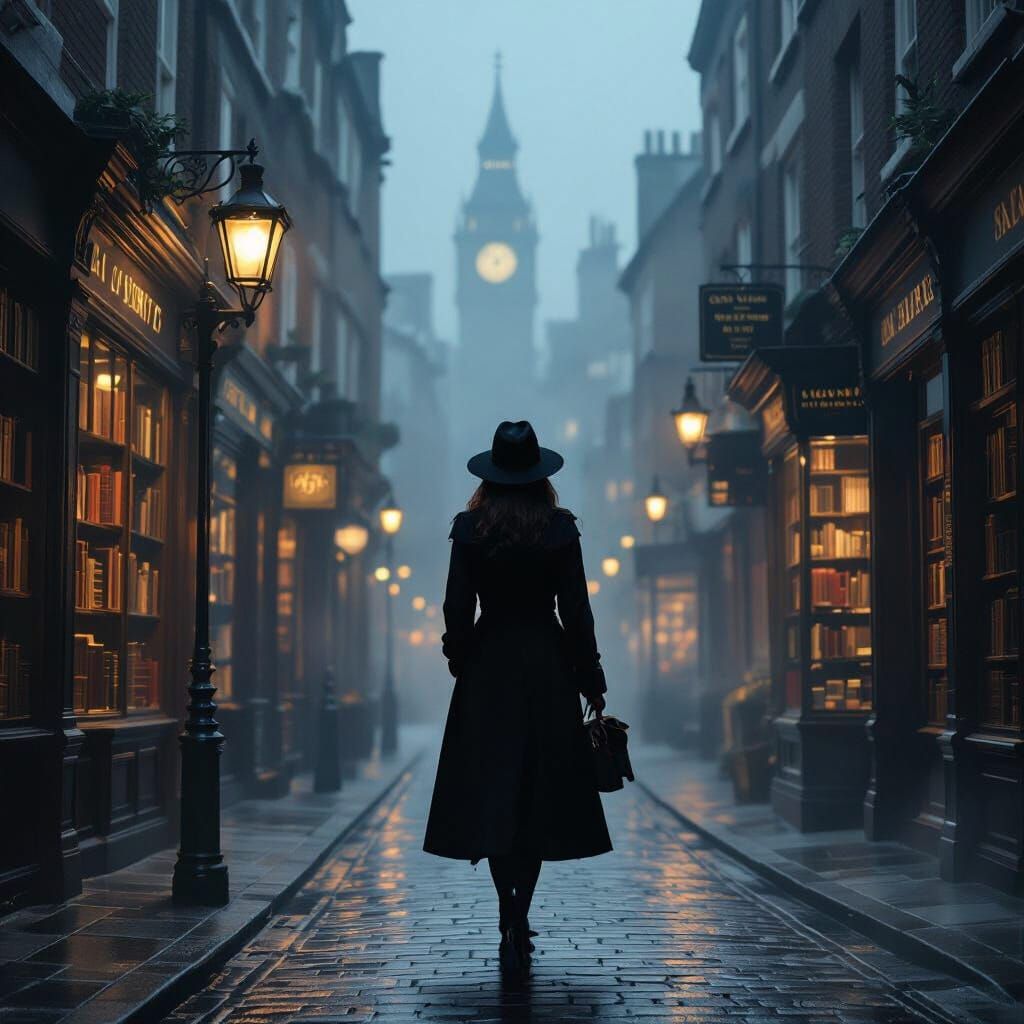 Bookworm in Foggy London Street, Cinematic Noir Style