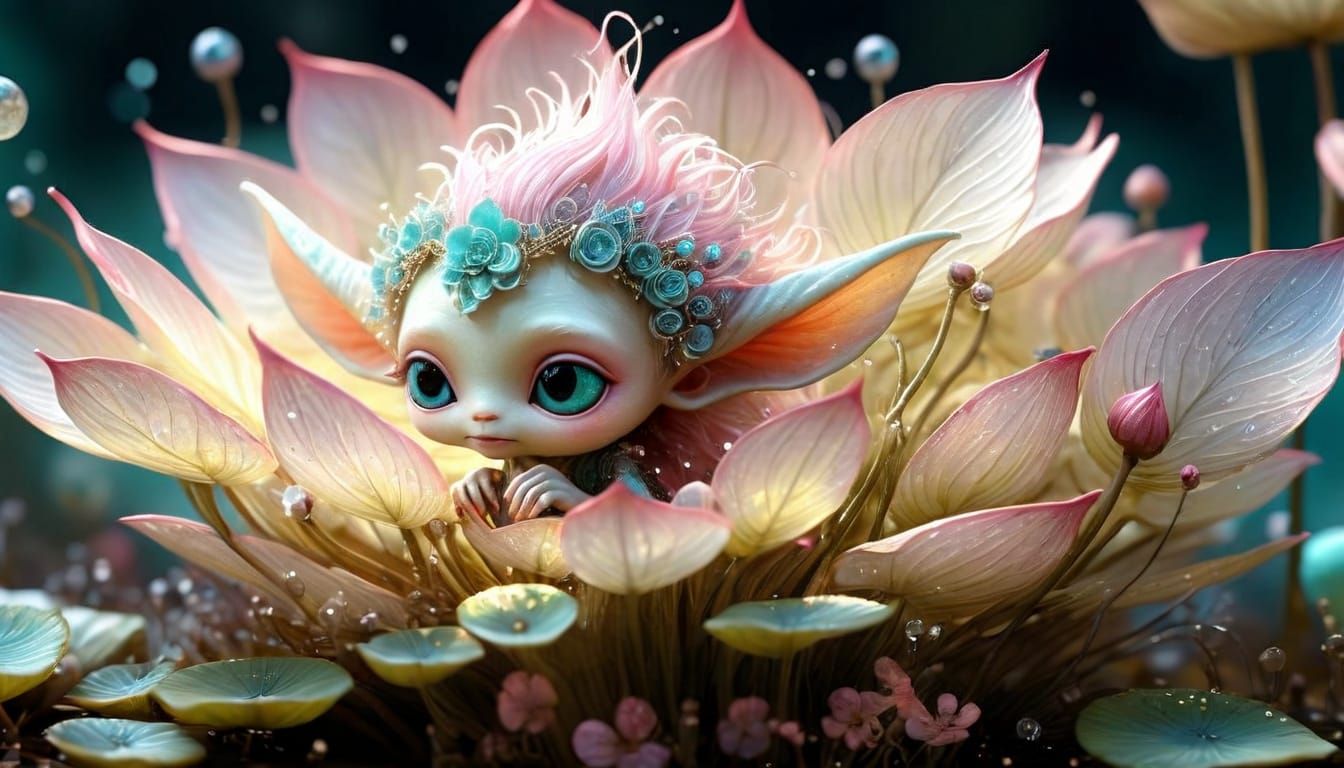 Vibrant Cube Lotus Scene with Pastel Alien