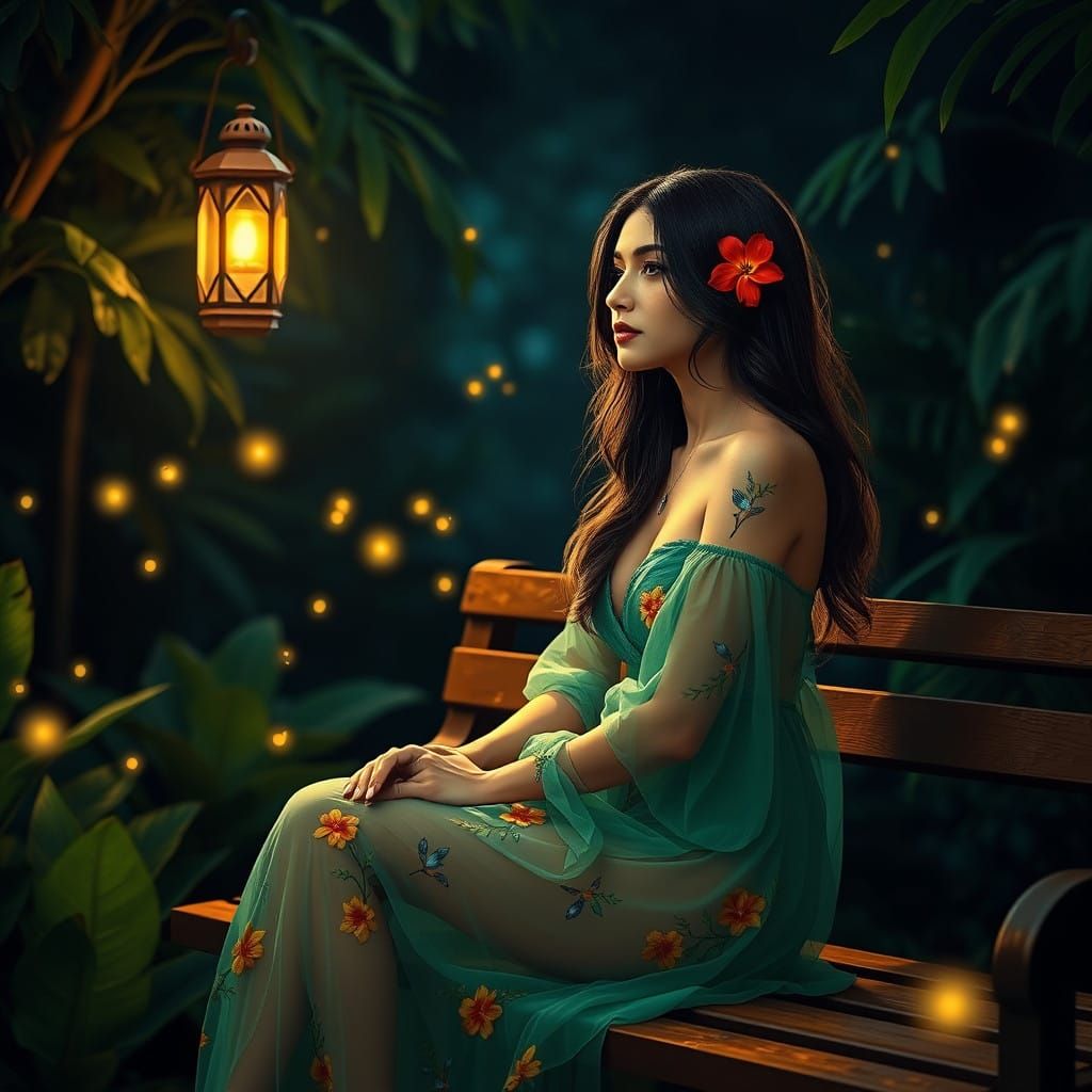 Serene Latina Woman in Lush Tropical Garden at Night
