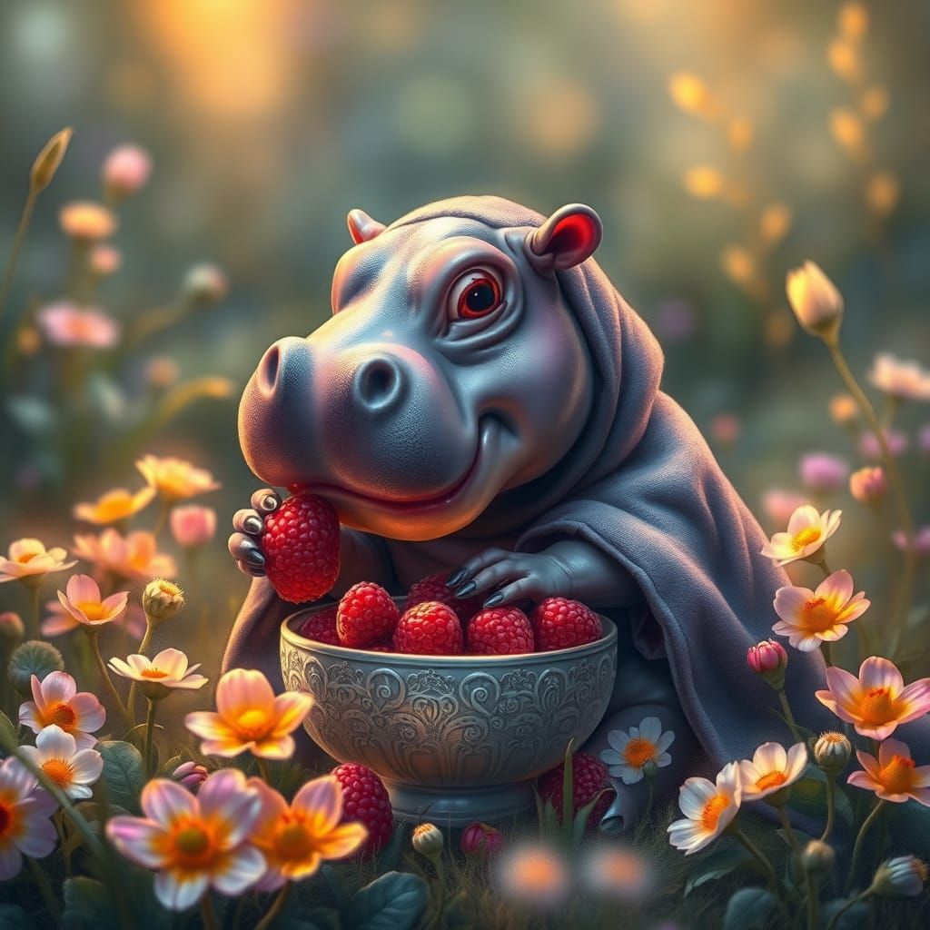 Baby Hippo in Whimsical Clearing with Glowing Wildflowers an...