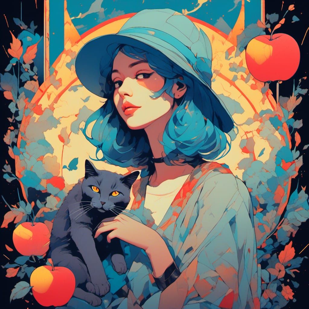 Portrait of a woman with hat and blue hair and a cat sitting on an apple