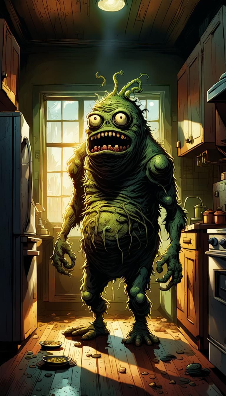 Grotesque Pickle Monster in Dimly Lit Kitchen