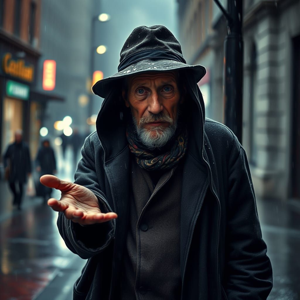 Aged Beggar Crouched in Rainy Alley