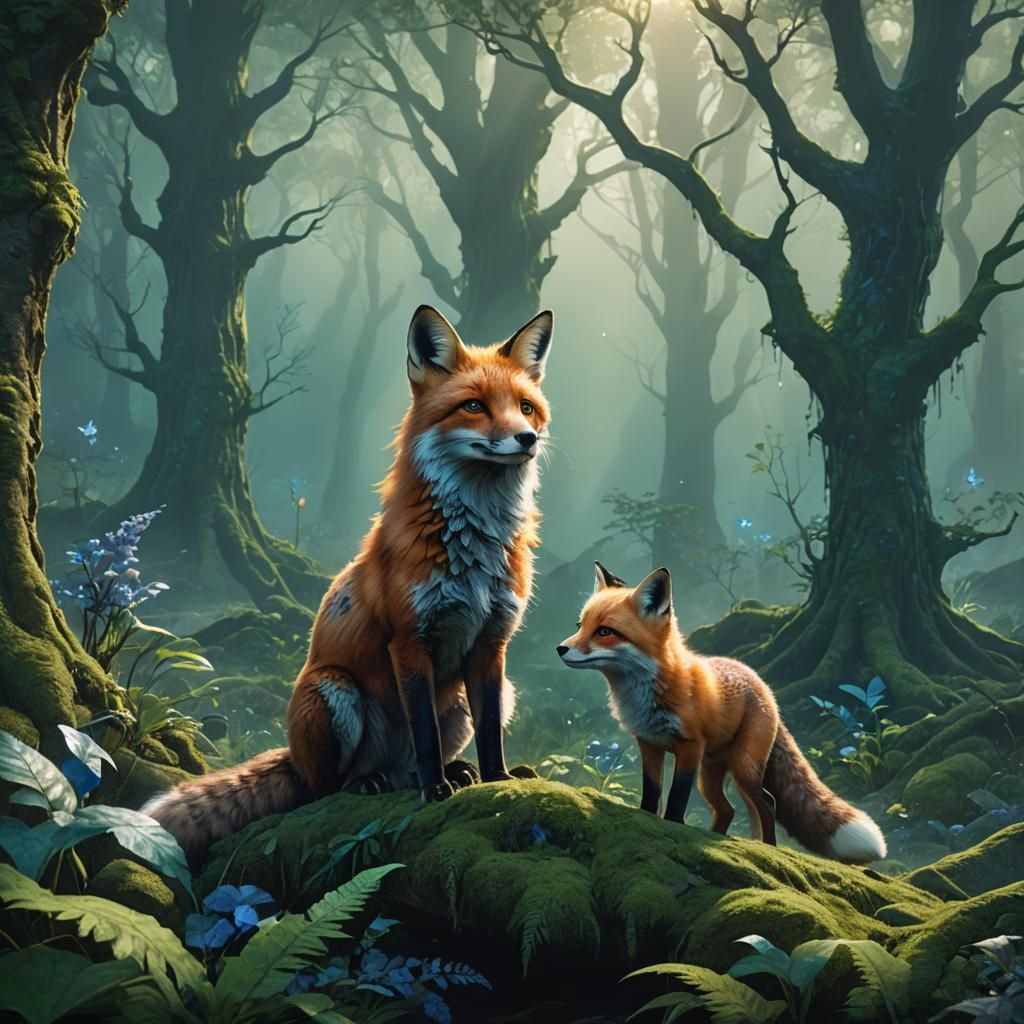 Enchanted Forest: Fox and Cub Fantasy Art