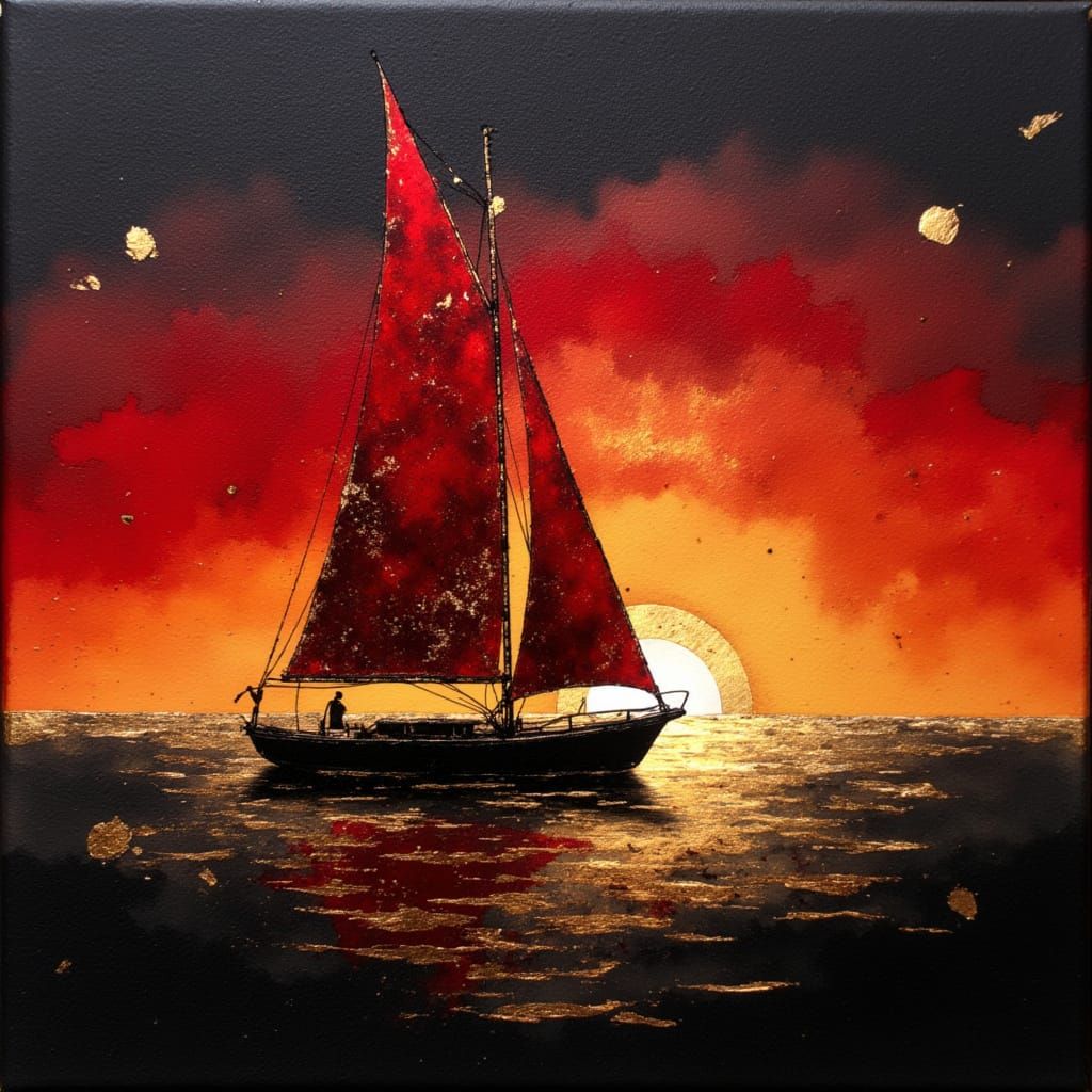 Solitary Sailboat with Crimson Sail at Sunset