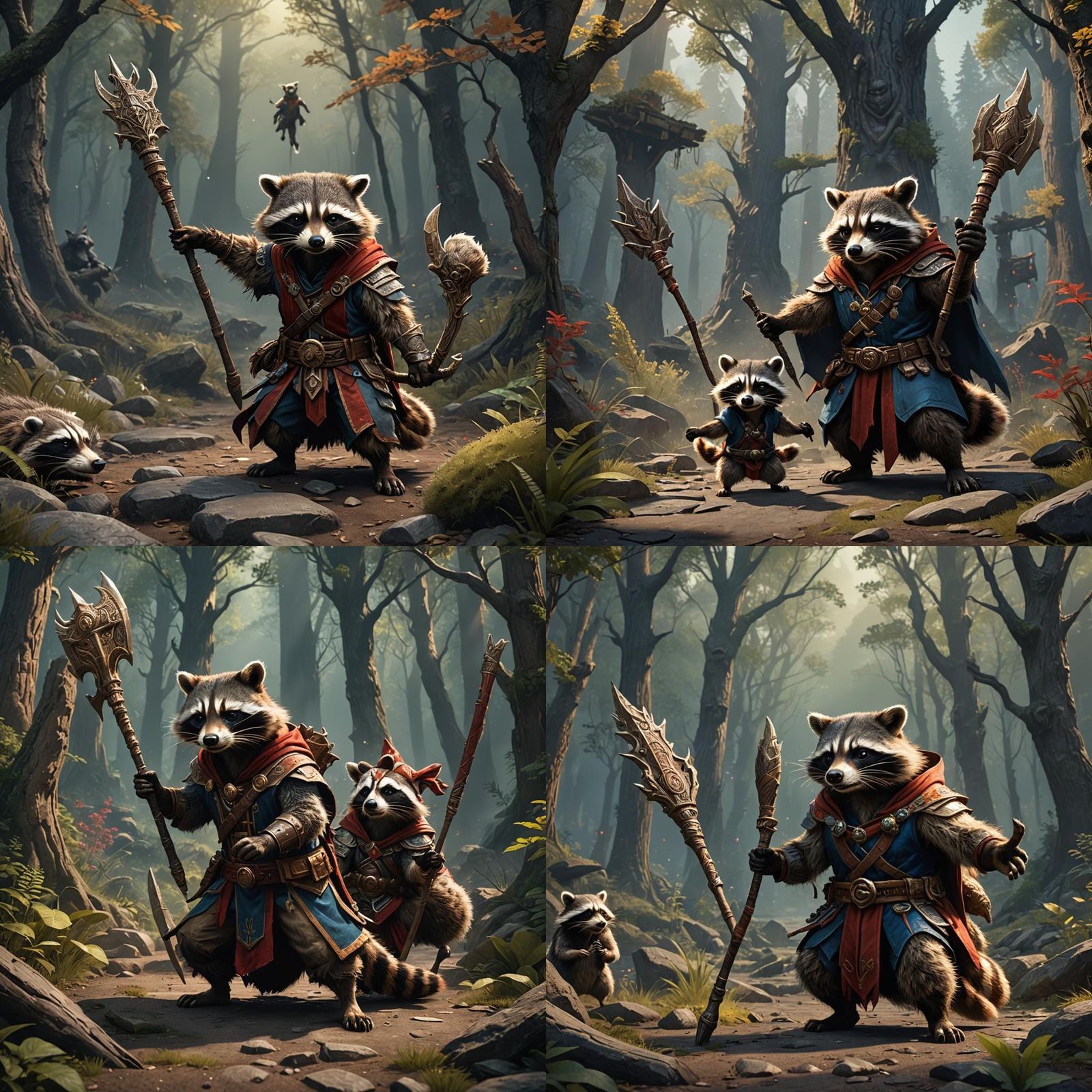 Raccoon Mage vs Badger Warrior in Detailed Matte Painting