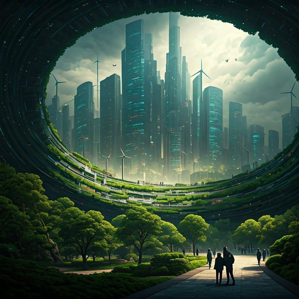 Futuristic Cityscape Thrives in a Lush, Intricately Detailed...