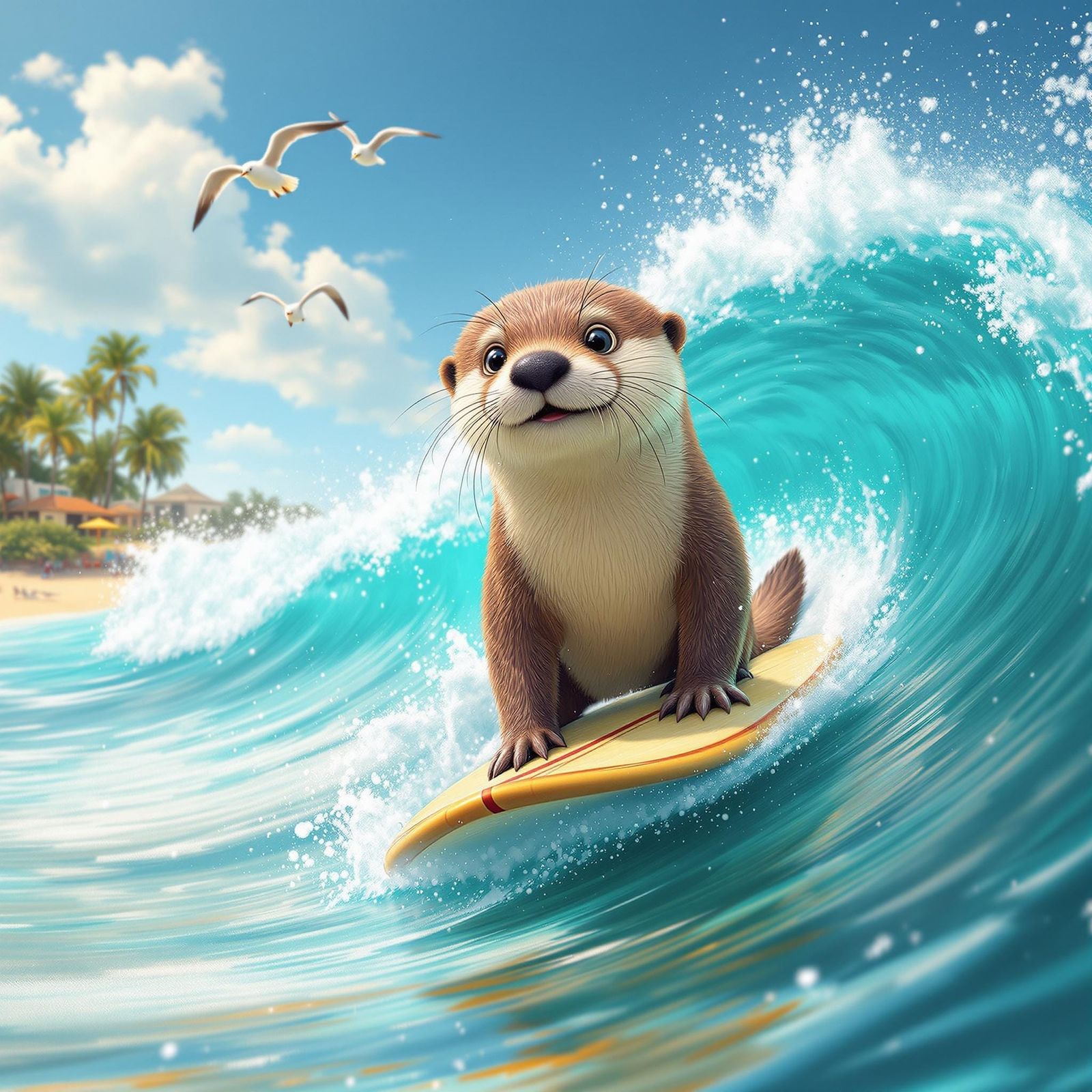 Surfer Otter Rides Vibrant Wave in a Glimmering Sunny Day