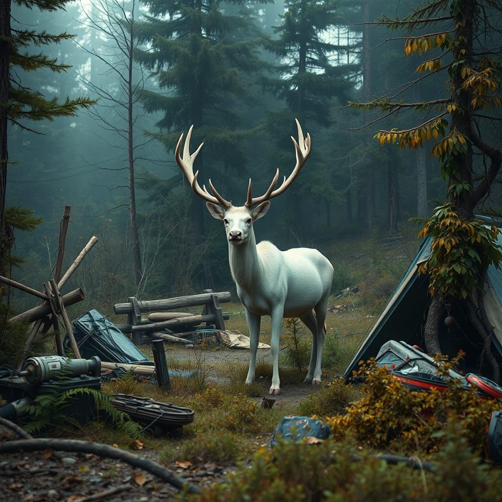 Mystical White Elk in Abandoned Campsite