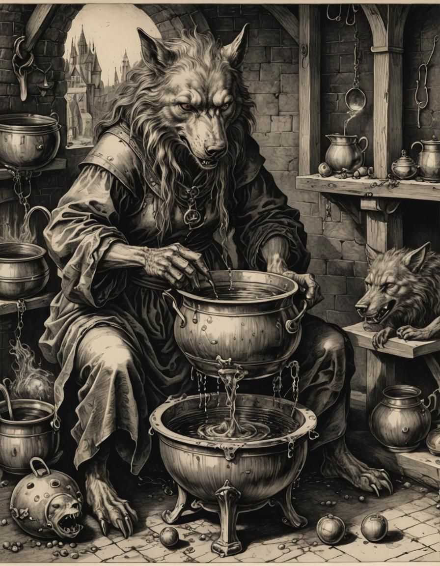 Werewolf Brews Potion: Etching in the Style of Dürer