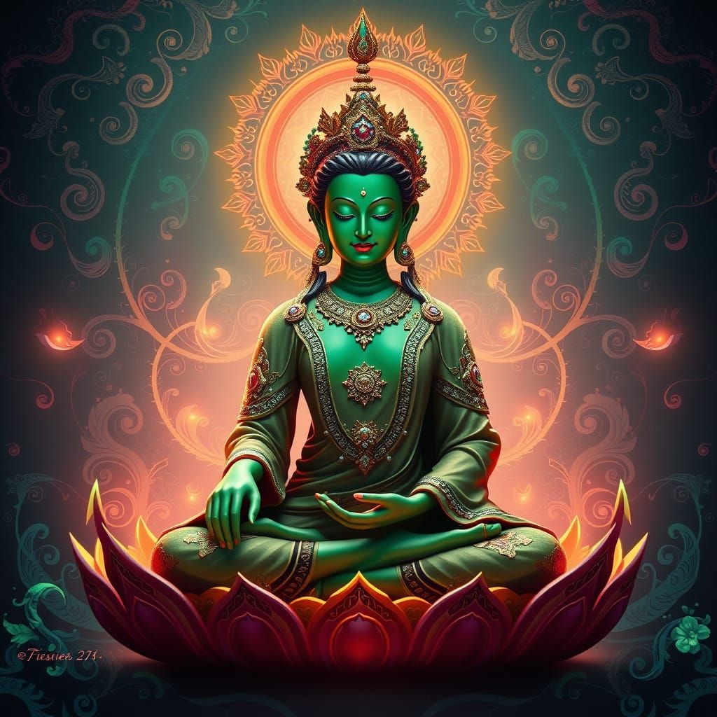 Enchanting Green Goddess in Celestial Lotus