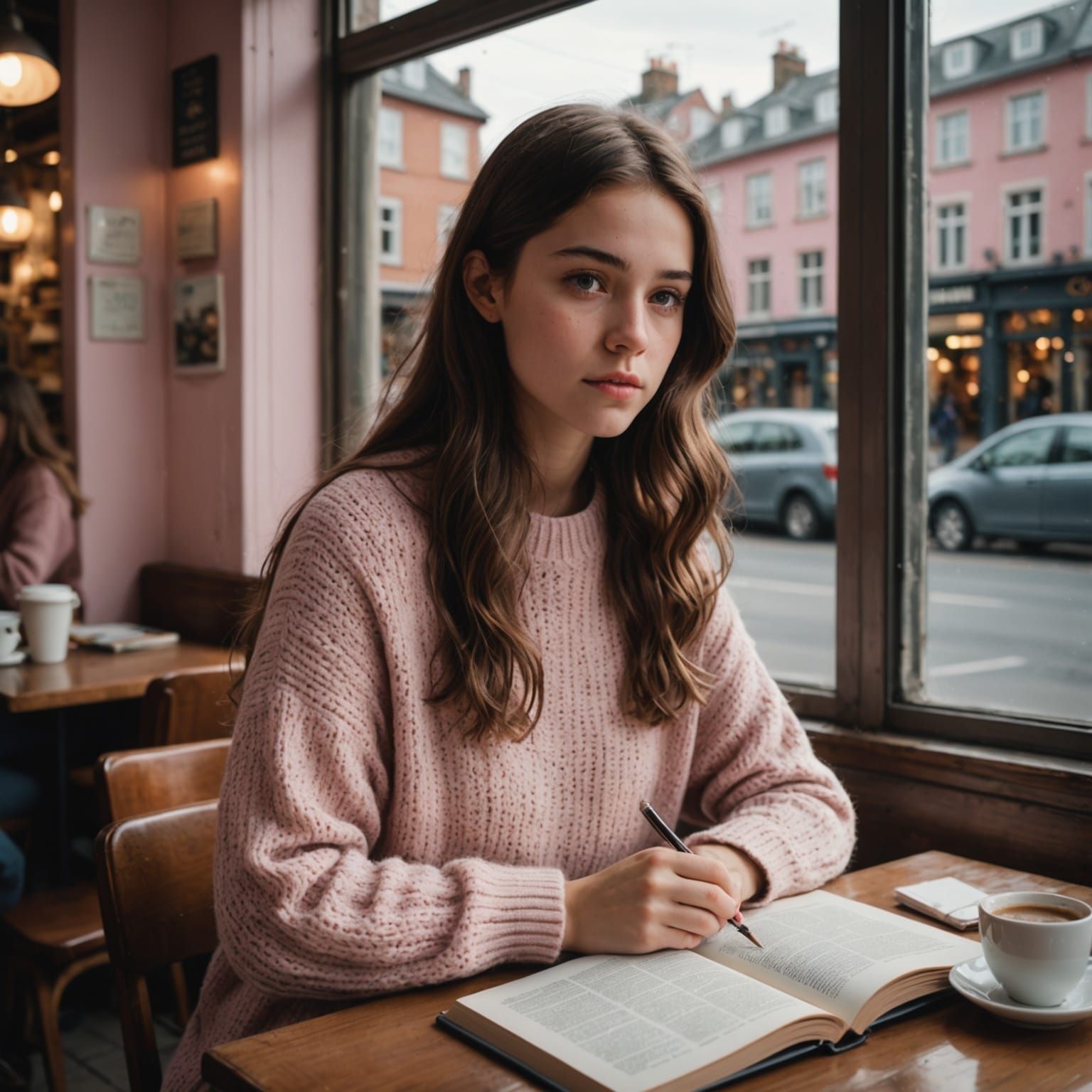 Young Girl in Cozy Cafe, Lost in Book