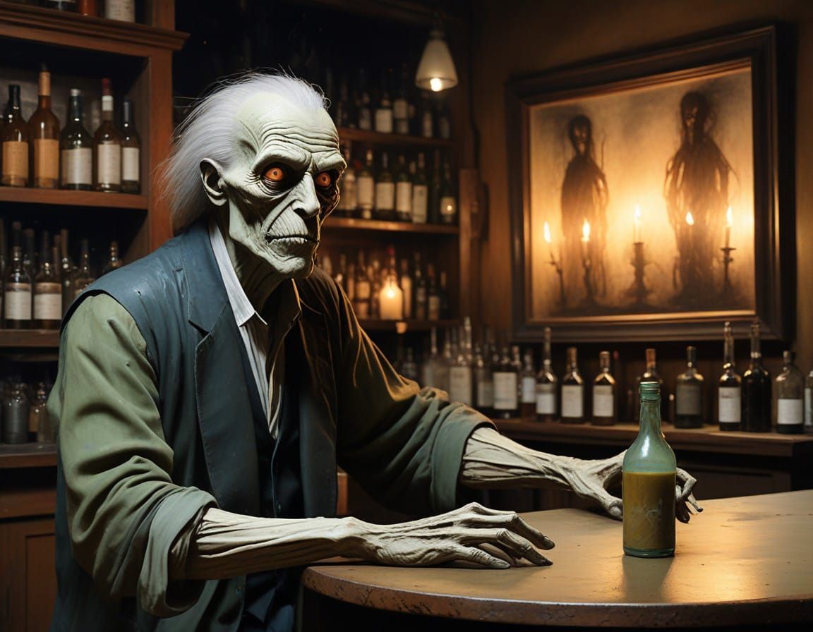The Boogie Man Tends a Haunted Bar in Impasto Style