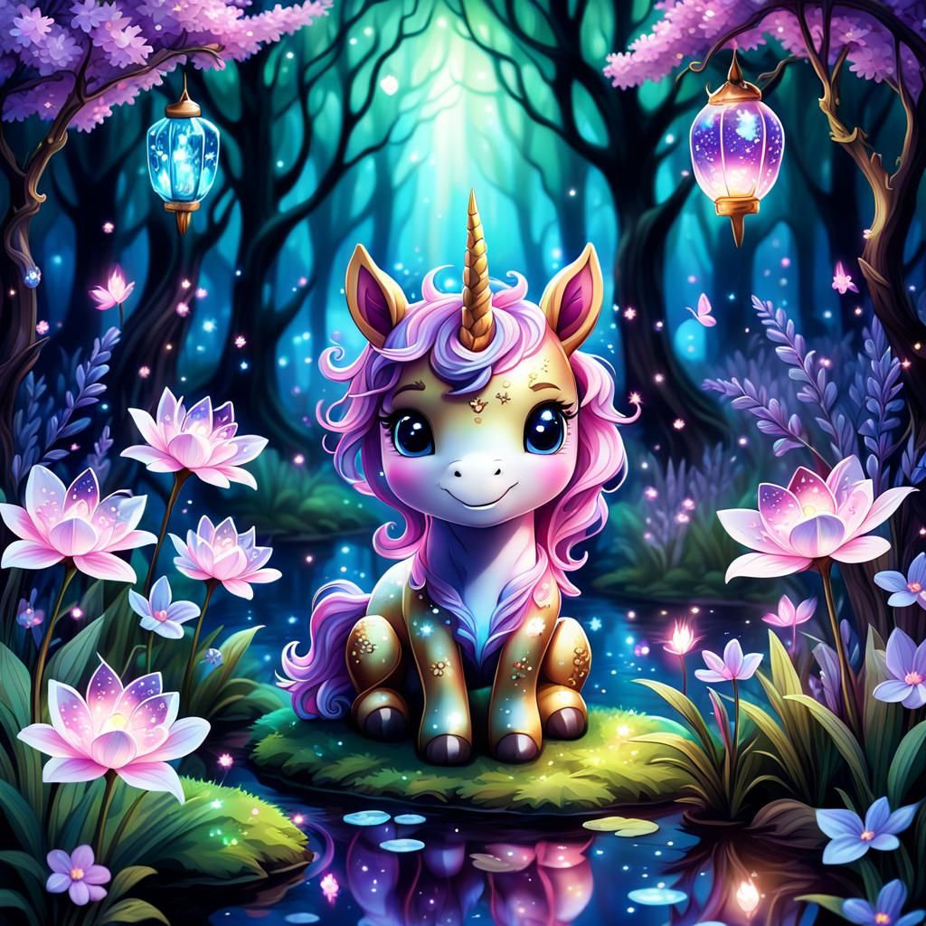 Enchanted Neon Woodland Chibi Unicorn