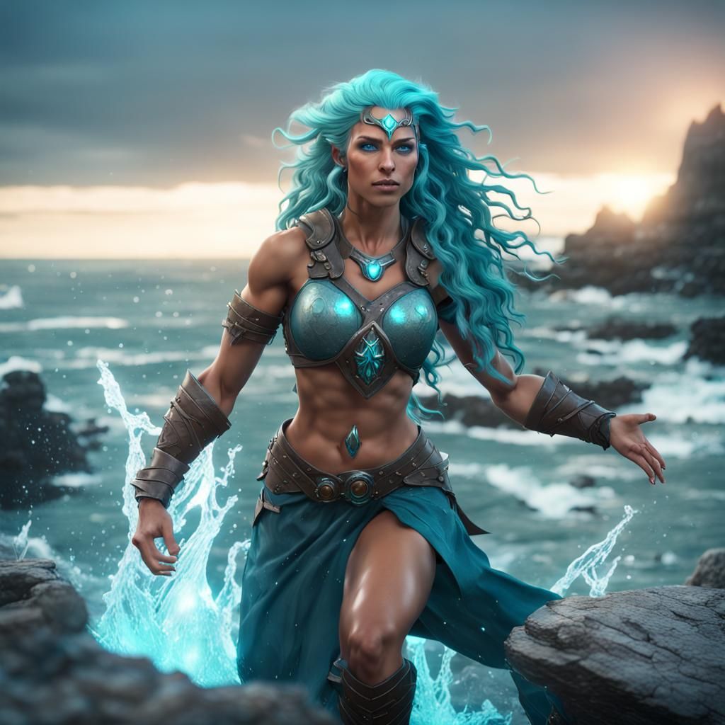 Water Genasi Druid on Rocky Shoreline in 3D