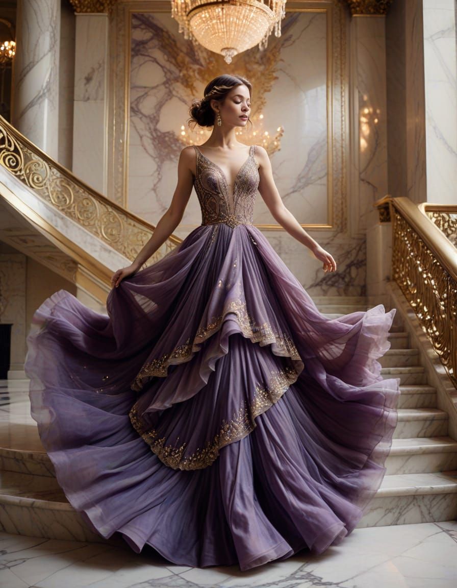 Surreal Woman Dancing on Gilded Ballroom Staircase