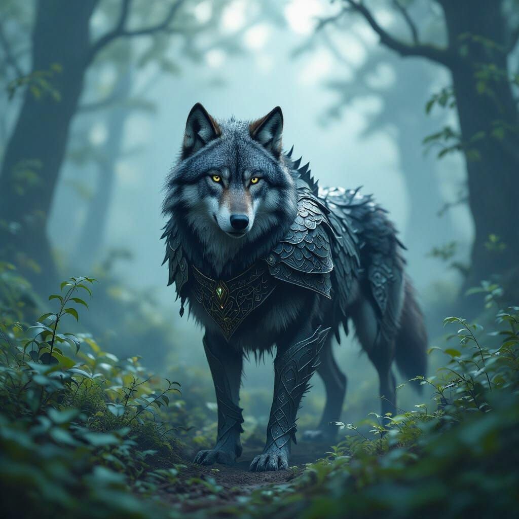 Armored Wolf in Mystical Forest: Matte Painting