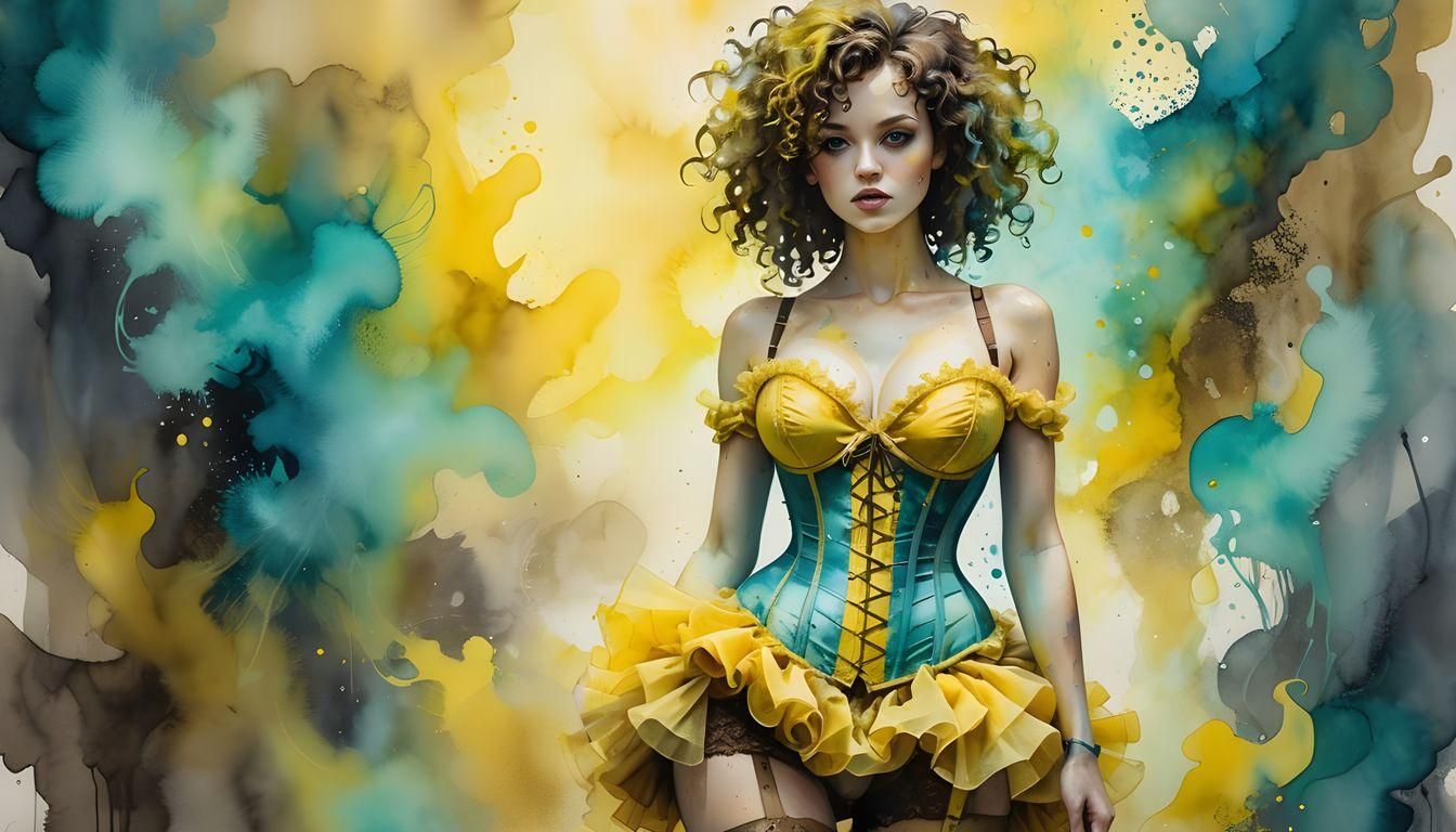 Woman in Yellow Corset, Impasto Watercolor Painting