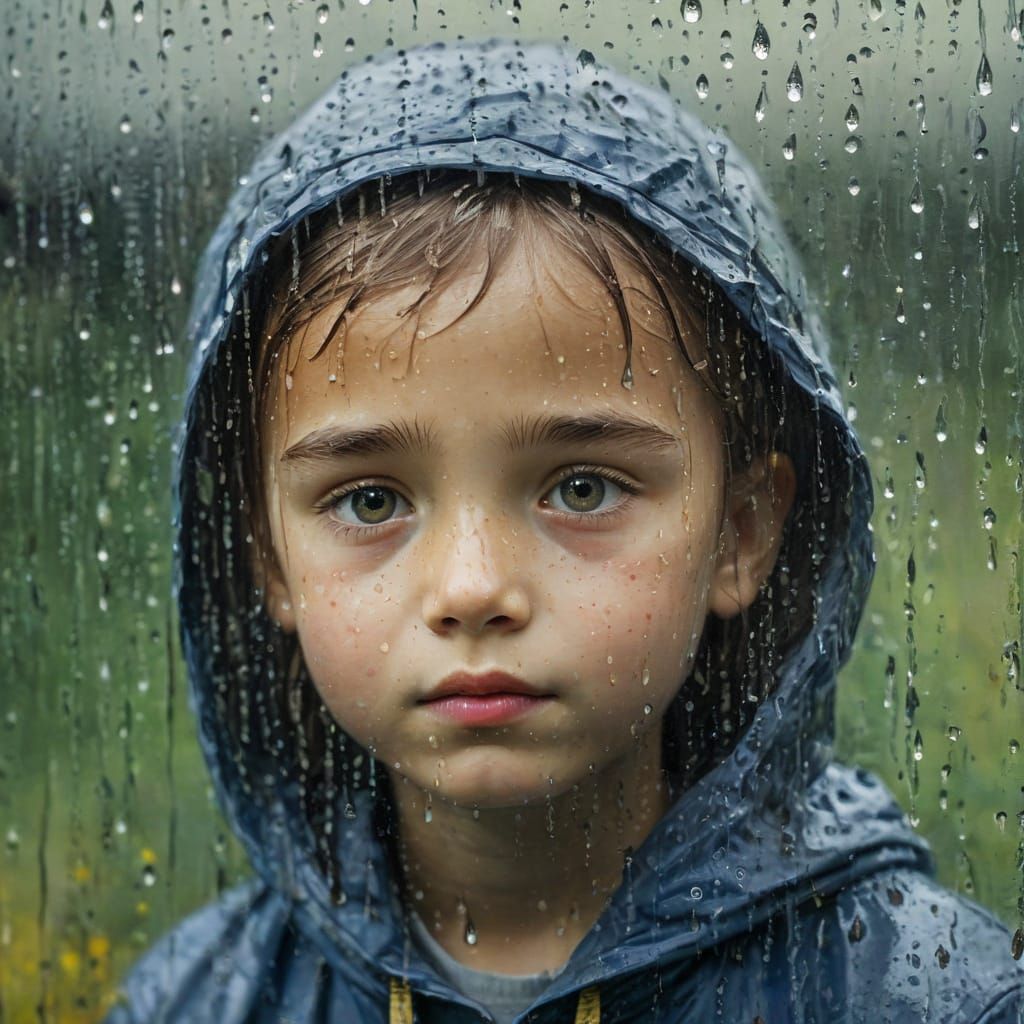 Child's Contemplative Face Through Rainy Window in Soft Wate...