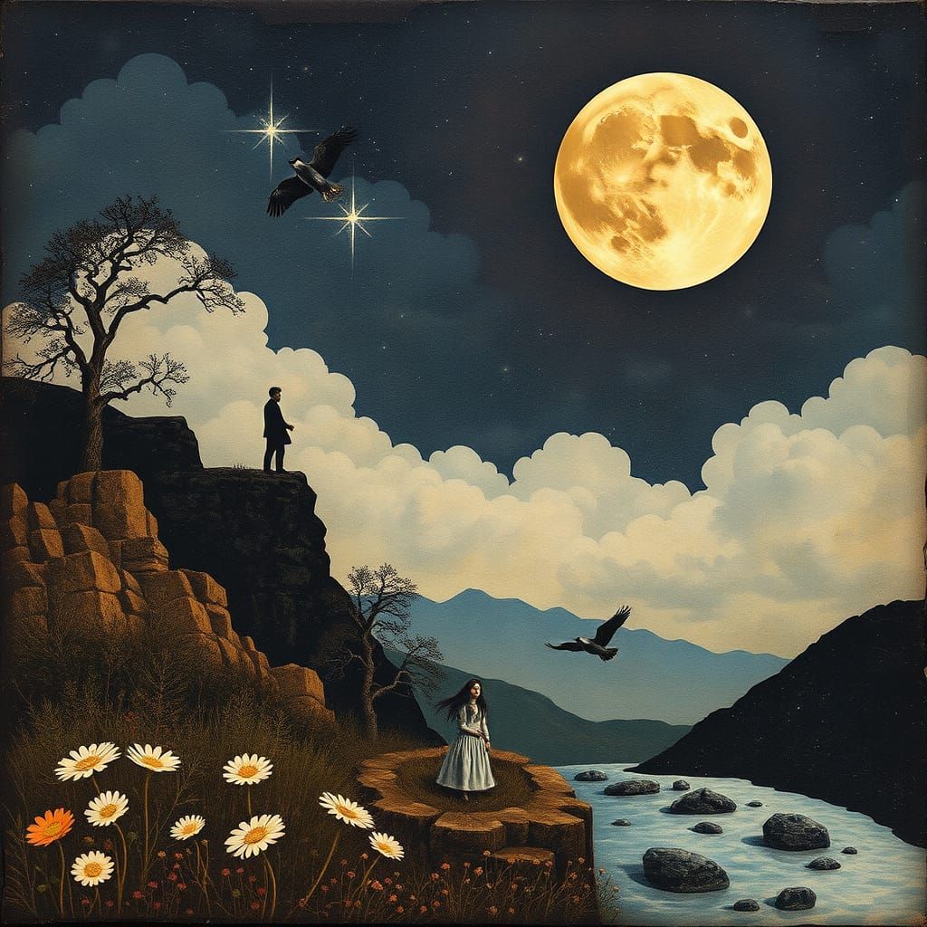 The Moon Falls in Pre-Raphaelite Art Collage