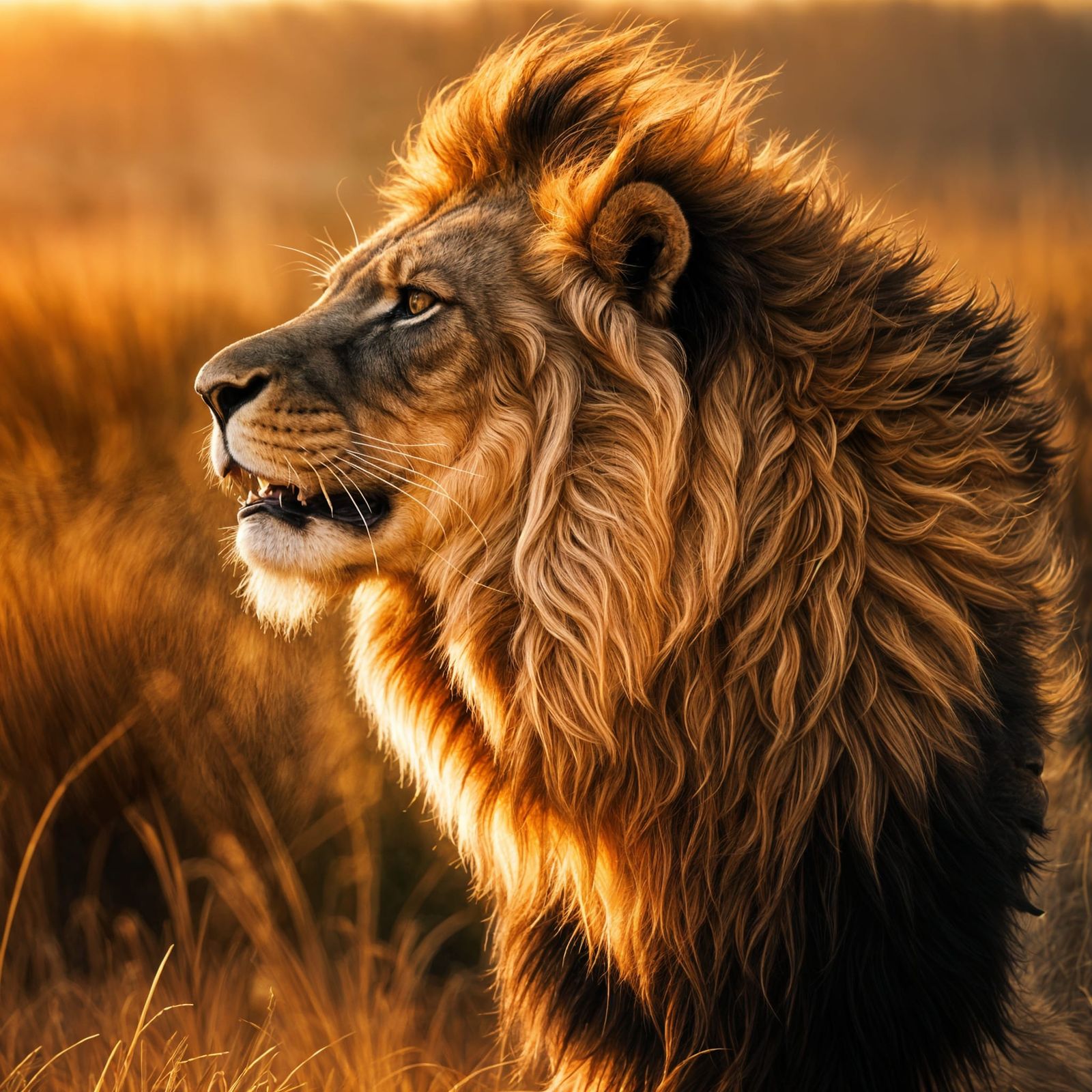 Majestic Lion Roaring at Sunrise in Golden Light