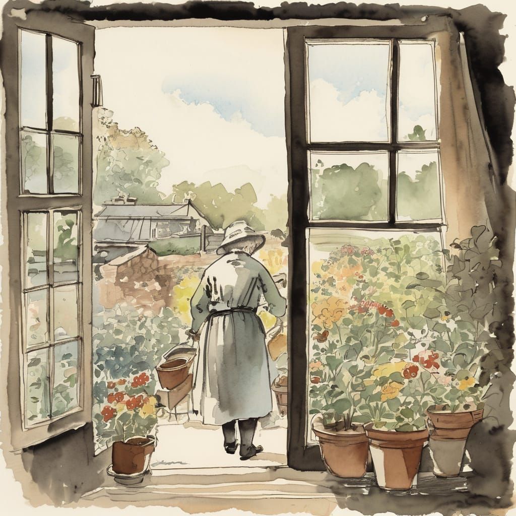 Gentle Garden Scene in Soft Ink Wash