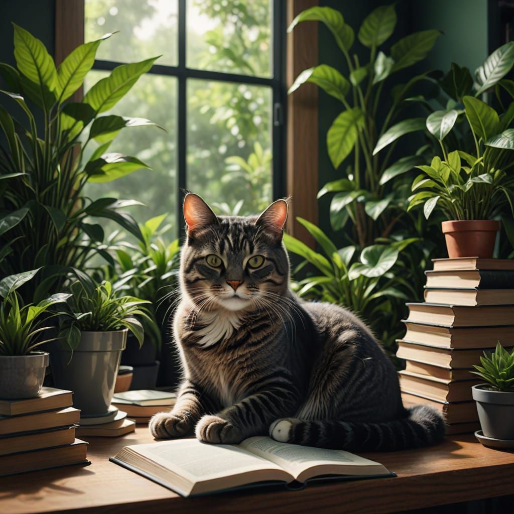 Cozy Cat Workspace with Green Plants as Digital Art