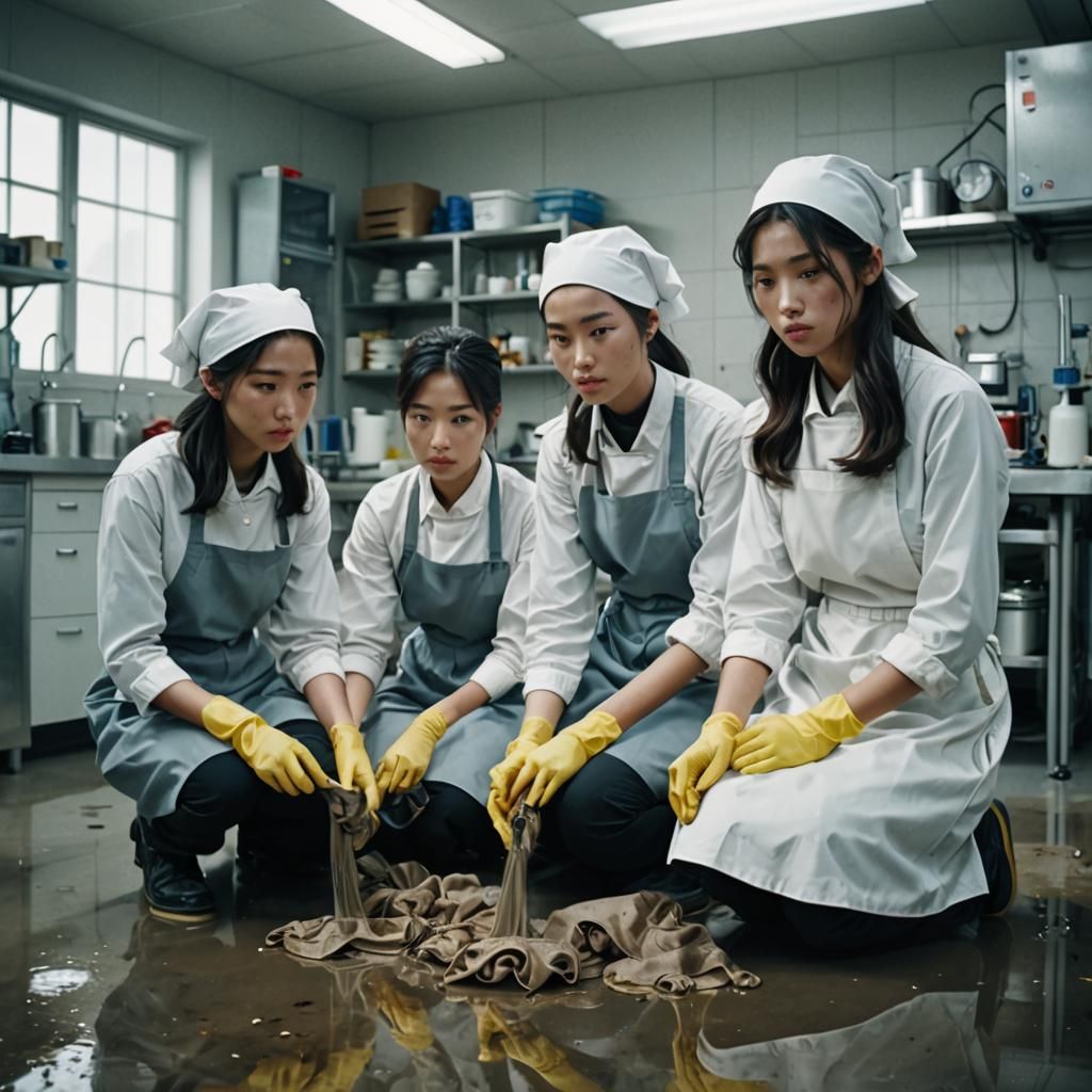 Hyperrealistic Charwomen Cleaning Lab Floor