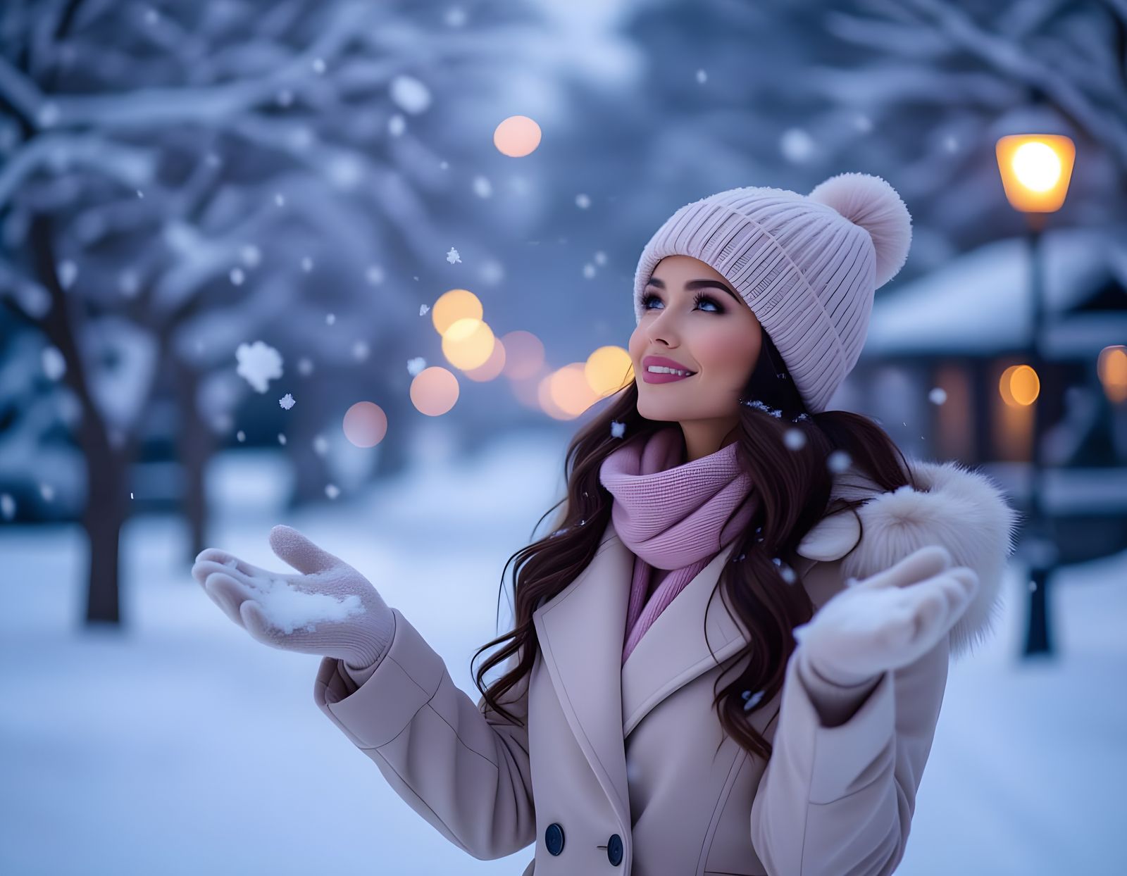 Woman Embracing Serene Blue Snowfall in Lilac Blizzard