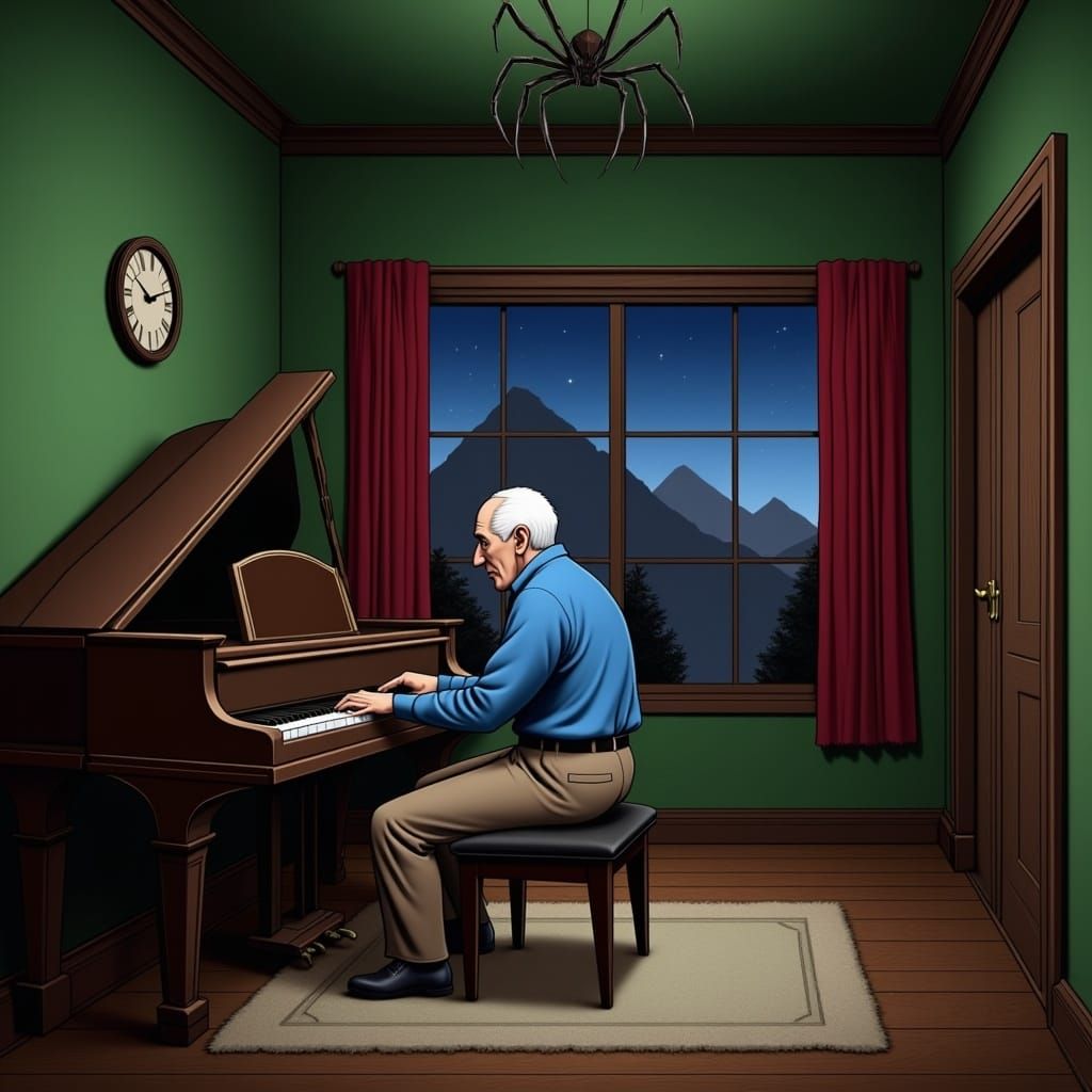 Elderly Man Plays Piano in Green Room