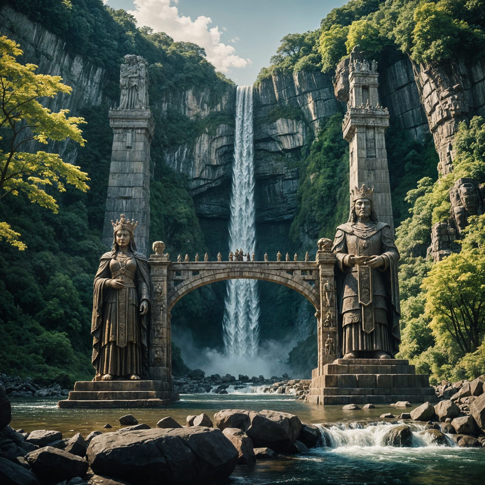 Epic Statues Hold Bridge Near Waterfall