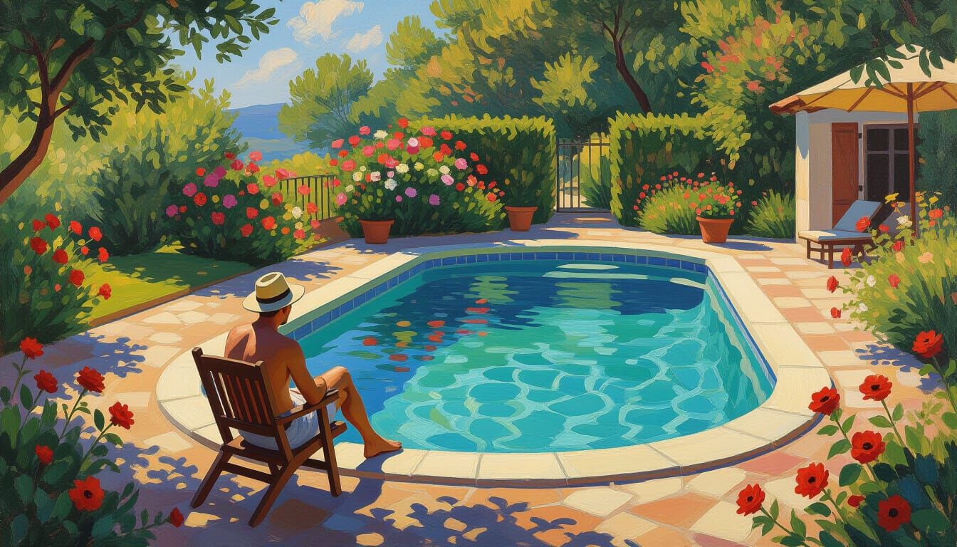 Idyllic Garden with Pool in Impressionist Style