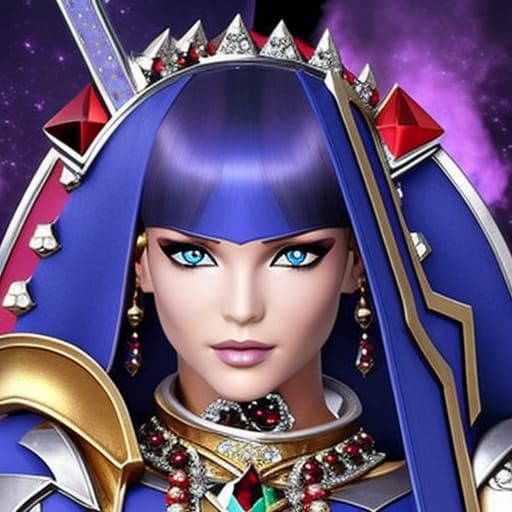 """Elemental warrior princess, bejeweled, jewel encrusted in gold and silver with rubies, diamonds, emeralds, sapphires,...