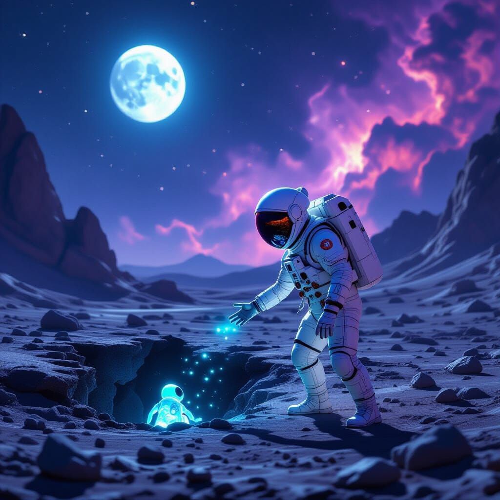 Astronaut Rescues Glowing Alien Creature on Moonlit Planet